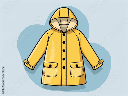 Cartoon illustration of a bright yellow raincoat with blue accents, hood up, and front button closure, isolated on white.