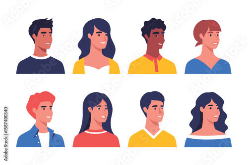 Diverse Portraits: A collection of diverse individuals showcasing various ethnic and gender representations, embodying individuality and unity in a minimalist graphic design.