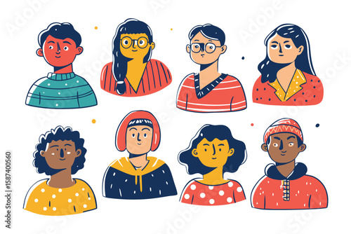 Diverse Group of People: Illustration of an assortment of individuals, showcasing varied styles and identities, perfect for representing community and inclusivity.
