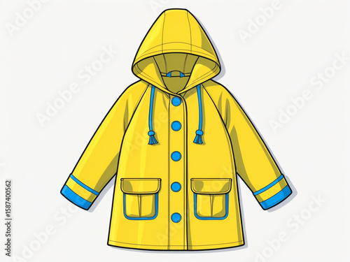 Cartoon illustration of a bright yellow raincoat, hood up, and front button closure, isolated on white.