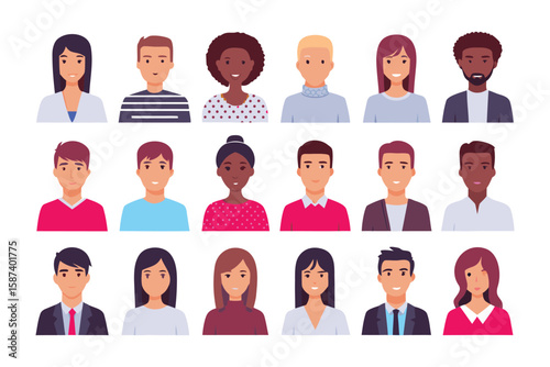 Human Faces: diverse illustrations showing a collection of individual people, showcasing various races, genders, and styles, a vibrant collection of characters.