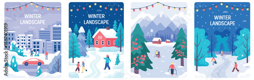 Winter Nature and Urban Vector – Village, Country, and City Landscape Illustration, Seasonal Background for Holiday Posters, Banners, Cards, Brochures, and Cover Designs


