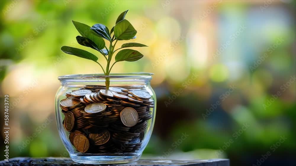 Growing money coins in jar with plant