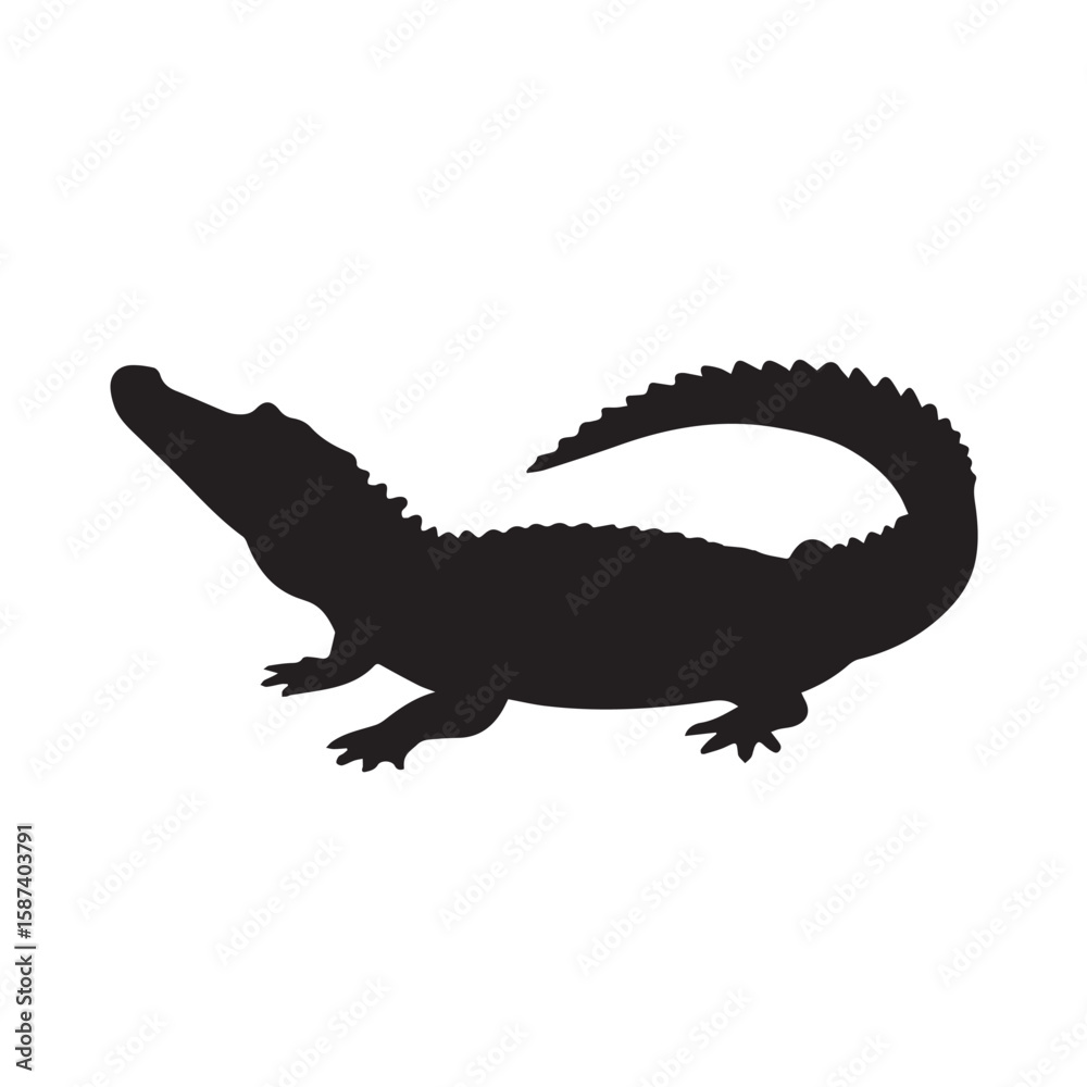 Fototapeta premium Alligator Silhouette Art Wild Reptile Illustration for Wildlife Enthusiasts and Nature-Themed Designs, Vector Graphic of a Gator in Black