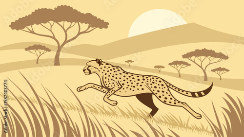 Cheetah running in savannah landscape vector illustration african wildlife scene nature background graphic art