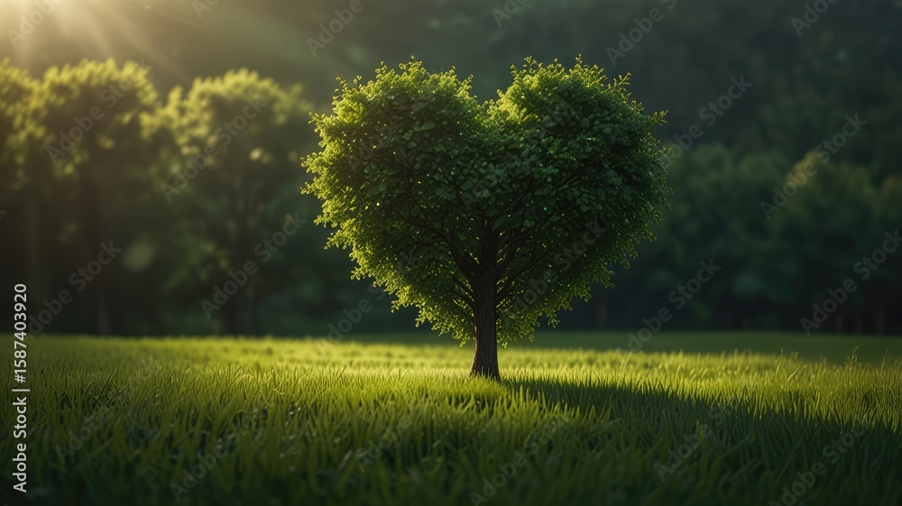 Fototapeta premium A heart-shaped tree stands alone in a sunlit green field, nature's beauty.
