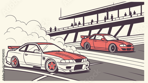 Drifting race cars competition vector art illustration with smoke and spectators on a race track scene