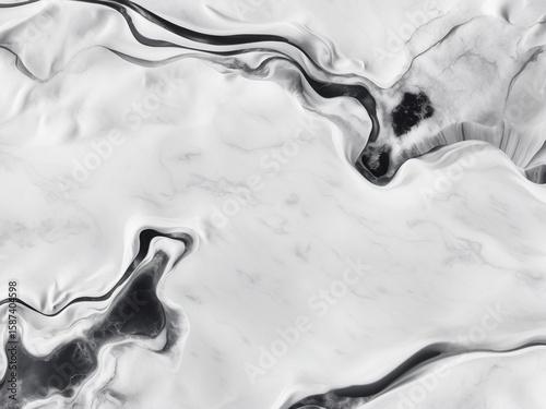 Abstract black and white aerial view of winding river patterns in a braided river system, creating a fluid texture.
