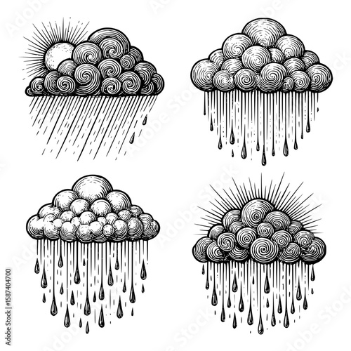 Vintage Engraved Clouds with Rain and Sun Illustration Set