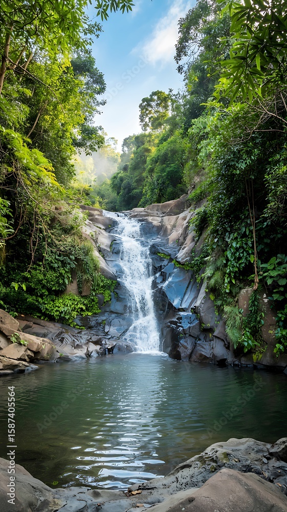 Fototapeta premium Lush Waterfall in Tropical Rainforest Nature Photography