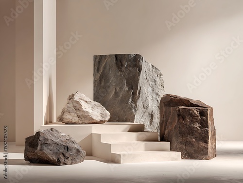 stone slabs product display abstract minimal scene geometric cream chocolate podium and platforms 3d rendering stand for cosmetic products showcase studio