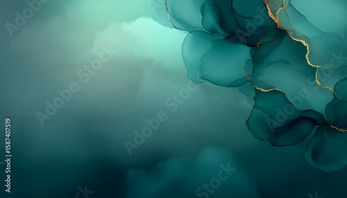 Teal and gold abstract ink art with flowing shapes and grunge texture on a gradient background