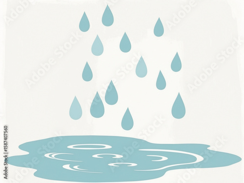 Simple cartoon illustration of light blue raindrops falling into a puddle of water on a light beige background.