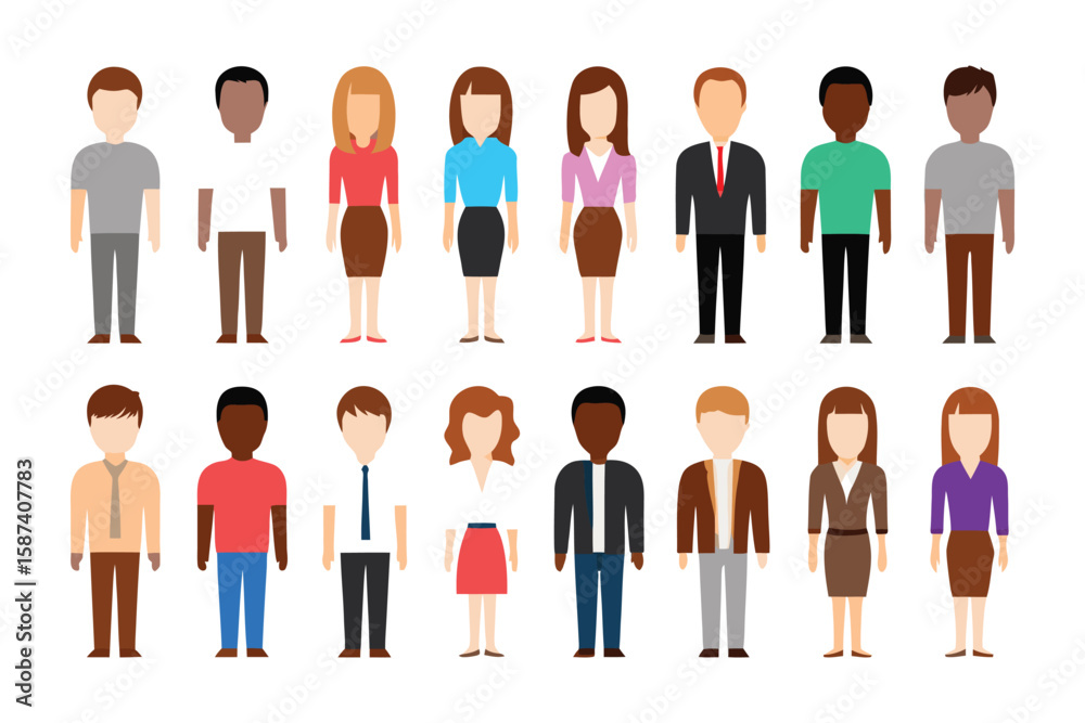 Diverse Group of People Illustrations: A set of flat vector illustrations showcasing a diverse group of people standing together in various outfits and skin tones. Diverse Group of People Illustrations: A set of flat vector illustrations showcasing a diverse group of people standing together in various outfits and skin tones.