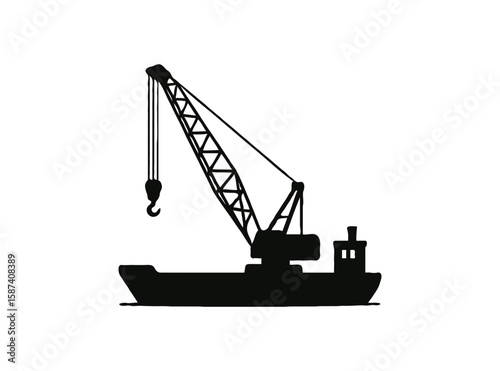 Silhouette of a crane vessel with a large boom and hook isolated on transparent background