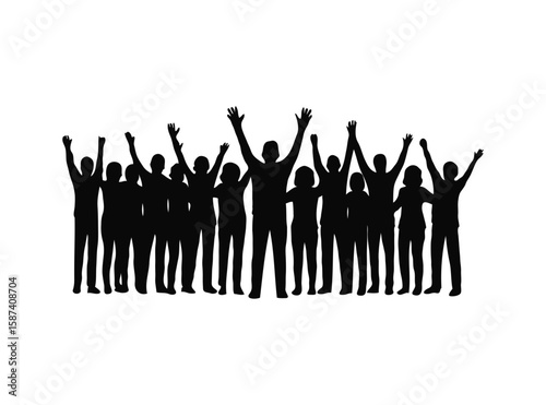 Diverse group of people celebrating with raised hands silhouette isolated on transparent background