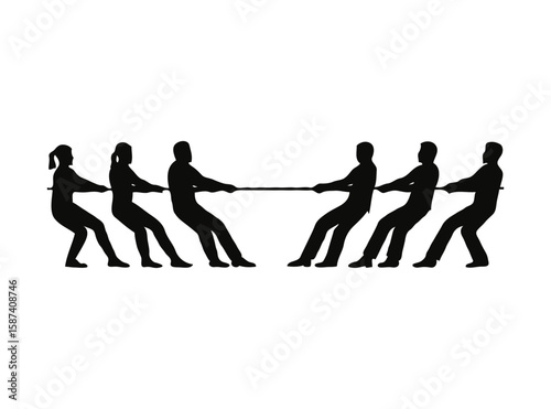 Team pulling rope in tug of war competition silhouette isolated on transparent background
