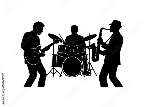 Design a vibrant jazz band silhouette: guitarist, drummer, and saxophonist with hat, in black and white. Capture the lively rhythm and soul of a live performance