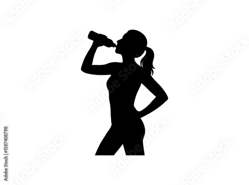 Woman silhouette drinking water, ponytail, white background, fitness theme
