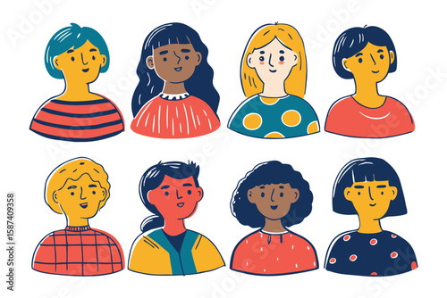 Diverse Faces: A vibrant illustration showcases a spectrum of unique faces, celebrating individuality and representing the beauty of diversity in a modern and artistic style.