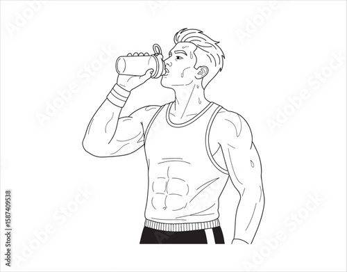 A guy sipping on a protein shake from his shaker bottle after hitting the gym. It's all about fitness and sports vibes. Vector art.