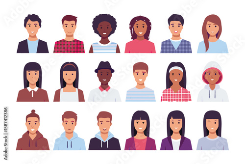 Multicultural Avatar Array: A diverse collection of avatars featuring individual of varied ethnicities, genders, and styles, perfect for representation in design or digital applications.