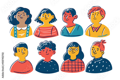 Diverse Group of Young Adults: Collection of eight diverse hand-drawn illustrations featuring young adults with various hairstyles and skin tones.