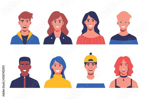 Diverse Smiling Faces: Collection of diverse smiling faces, young adults with various hairstyles and clothing, suitable for website, app, or presentation. 