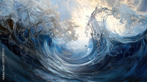 Oceanic Fury: A Dynamic Depiction of Towering Waves and Ethereal Sky Contrast