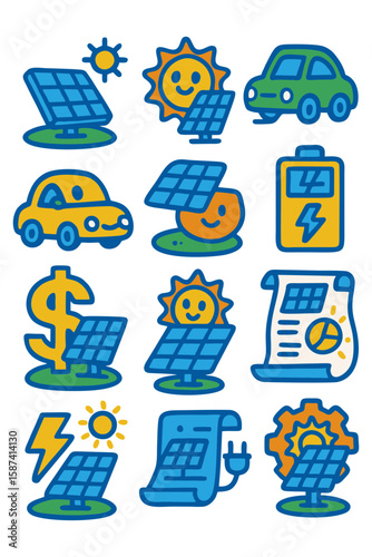 Cartoon icons depicting various aspects of solar energy, including cars, panels, and financial elements.
