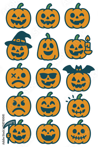 A collection of cheerful and spooky cartoon pumpkins, each with unique Halloween expressions and accessories.