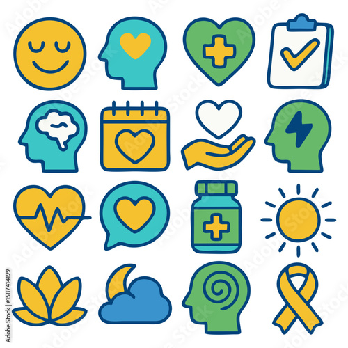 Collection of colorful, simple icons representing health, well-being, and positive emotions.