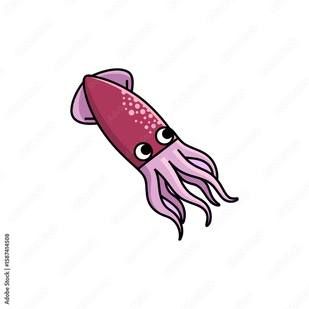 Fototapeta premium Cartoon Squid Illustration: Cute Marine Animal Character with Big Eyes, Perfect for Children's Designs and Ocean Themes
