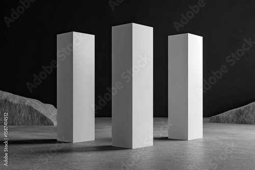 Three white rectangular blocks on a gray concrete surface