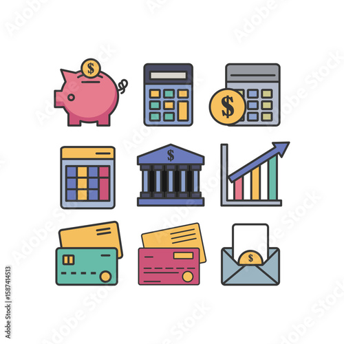 Comprehensive Financial and Banking Services Icon Set: Essential Symbols for Money Management, Investment, and Economic Growth