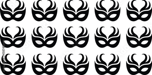 Fifteen black venetian masks arranged in a neat grid pattern on a light gray background