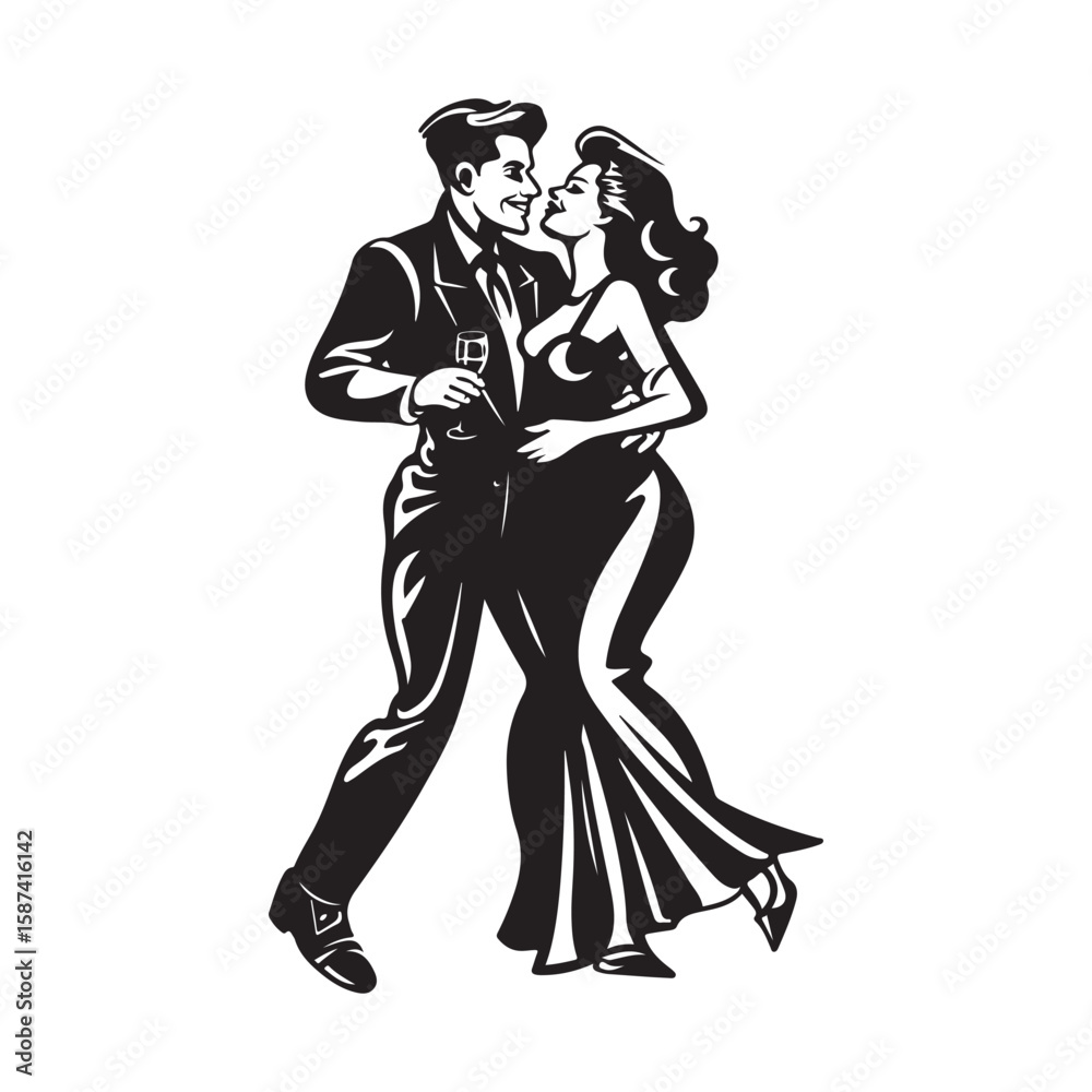 Fototapeta premium Elegant Couple Dancing Soul Disco Music Vector, Retro Style Isolated on White Background