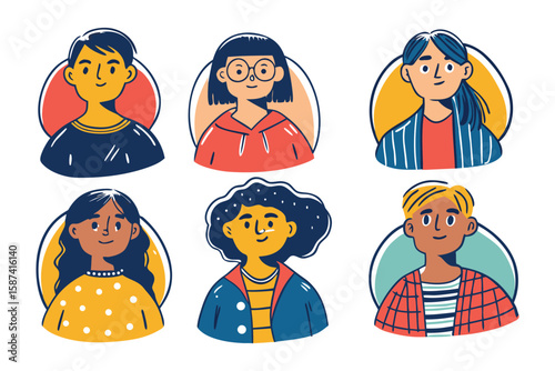 Artistic Diversity: A charming compilation of six unique portraits in an artistic style, each radiating individuality through distinct expressions, outfits, and backgrounds.