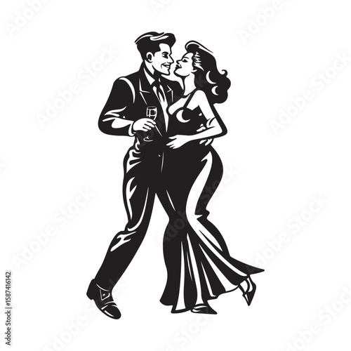 Elegant Couple Dancing Soul Disco Music Vector, Retro Style Isolated on White Background
