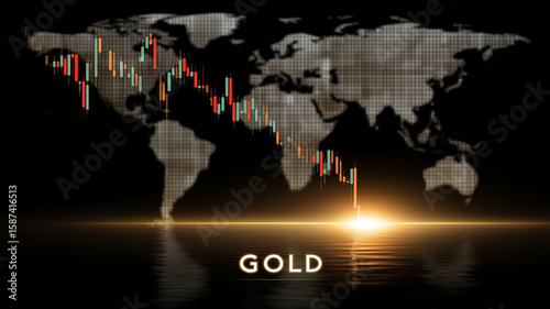 A global financial chart showing falling gold prices, with a world map and a glowing light reflecting on the dark surface.