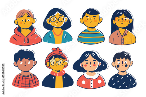 Youthful Characters: A vibrant collection of diverse youthful characters exuding unique personalities through minimalist art, representing a tapestry of individuality and shared humanity.