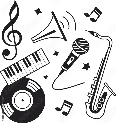A Symphony of Sound Black and White Music Illustration Featuring Instruments and Symbols of Musical Expression and Art