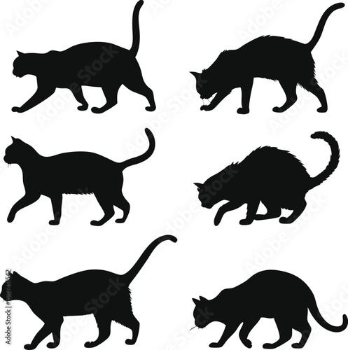 Silhouette Collection of Cats in Various Poses Depicting Feline Movement Agility and Grace in Simple Black and White Design