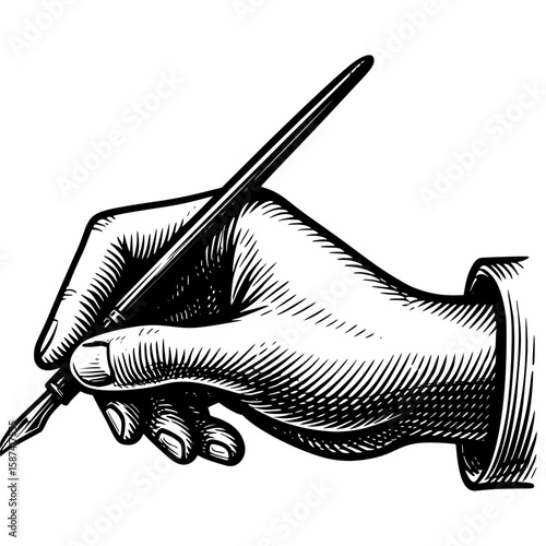 Vintage Engraving Style Hand Holding a Quill Pen