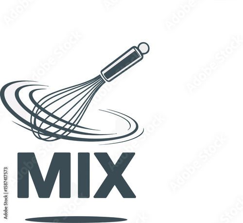 Illustration of a whisk with motion lines above the word mix on a light gray background