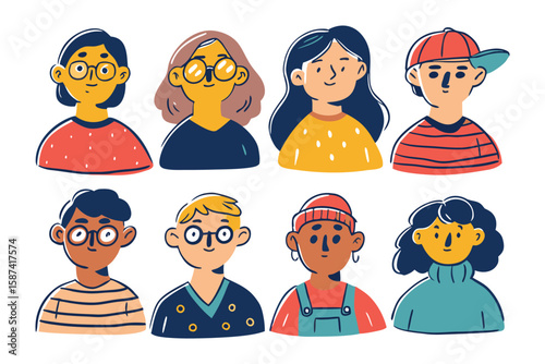 Diverse Collection of Portraits: A vibrant array of stylized illustrations featuring diverse individuals, showcasing unique expressions and character.