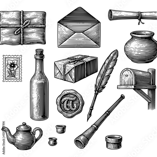Vintage Mail and Communication Objects Isolated Illustrations