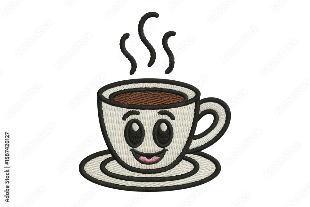 Obraz premium Happy steaming coffee cup with saucer happy face cartoon