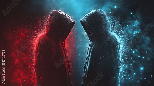 Two people wearing hoodies are standing next to each other in a dark room. The room is filled with red and blue lights, creating a moody atmosphere. The two people are looking at each other
