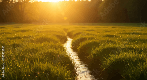Golden hour tranquility: A stream winding through a lush meadow landscape